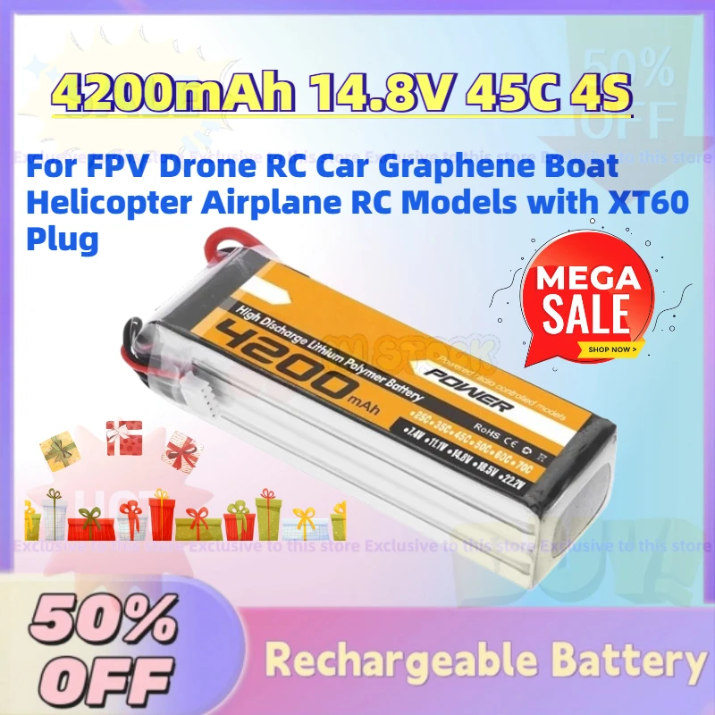 

Upgrade 4200mAh 14.8V 45C 4S LiPo Battery for FPV Drone RC Car Graphene Boat Helicopter Airplane RC Models with XT60 Plug