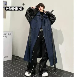 Double Breasted Denim Splice Leather Long Windbreaker Jacket Men Mid Loose Casual Korean Streetwear Trench Coat Outerwear