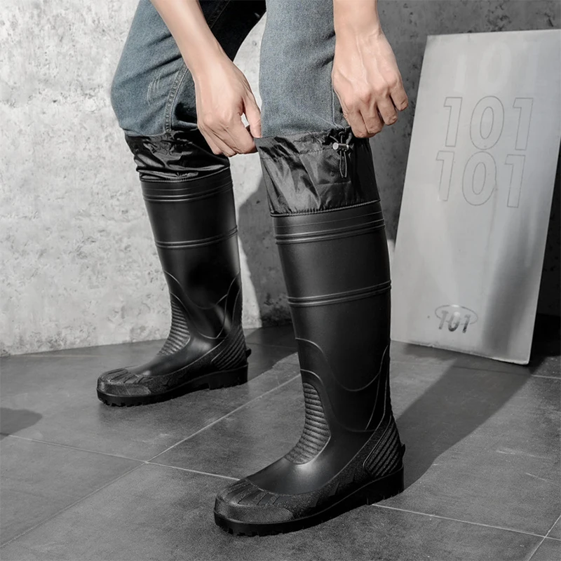 Black High-Top Men's Rain Boots, Adjustable Drawstring Long Boots, Wear-Resistant, Non-Slip, Outdoor Fishing Waterproof Boots, Farm Work Rain Boots, Pvc Water Boots