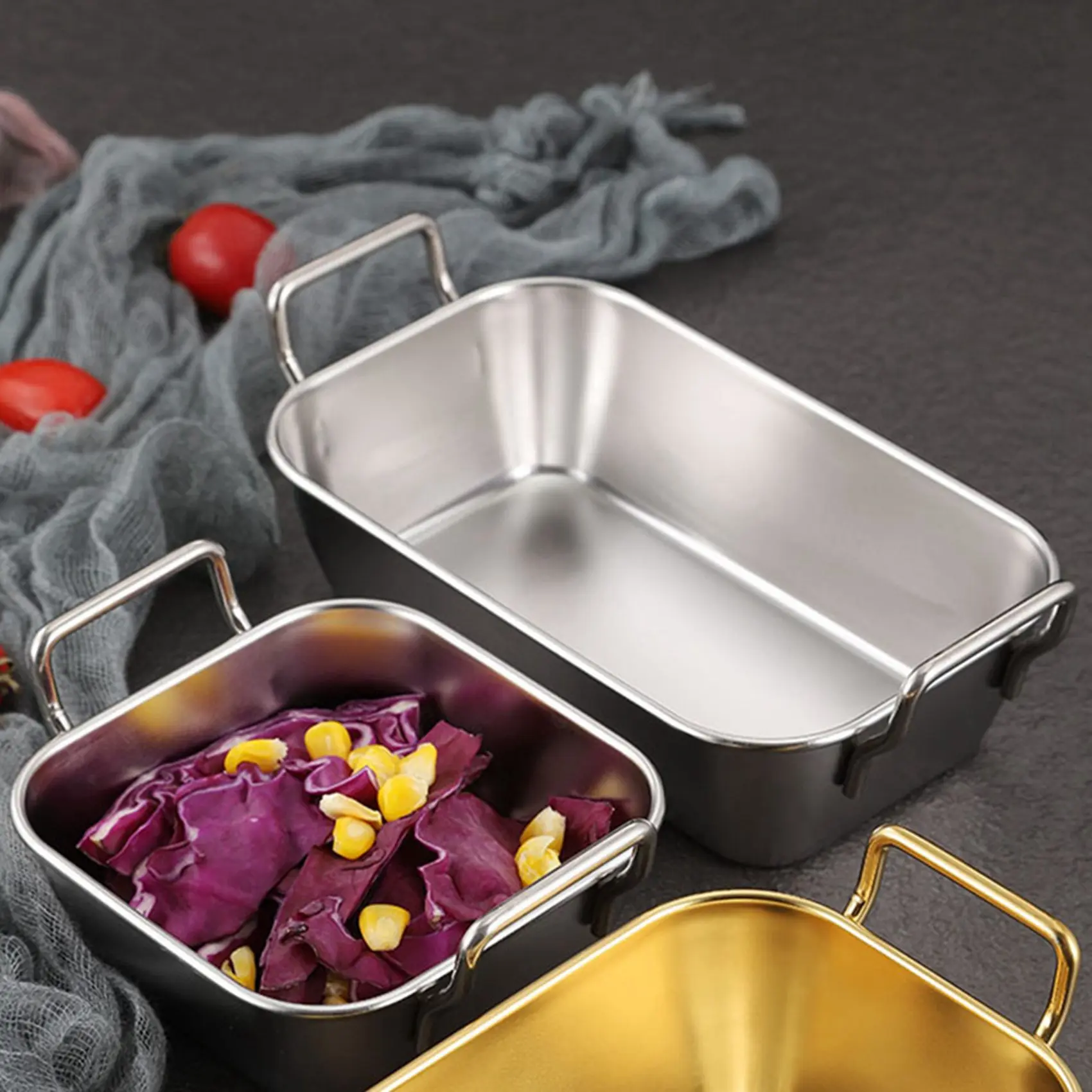 Exquisite-2X Food Storage Tray Double Ears Fried Chicken Square Plate Snack Fruit Plate Food Display Kitchen Tools, A