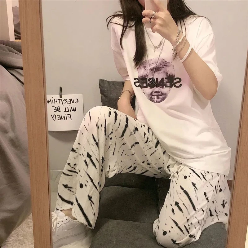 Casual Basics Summer Suit Women Loose Vintage Pring Pullover T-shirt Design Sense Zebra-stripe Elastic Waist  Wide Leg Pants