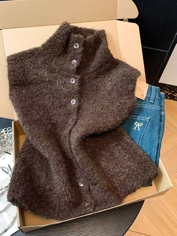 

Autumn Turtleneck Knit Vest for Women Harajuku Single Breasted Casual Sleeveless Cardigan Korean Elegant Office Lady Solid Tank