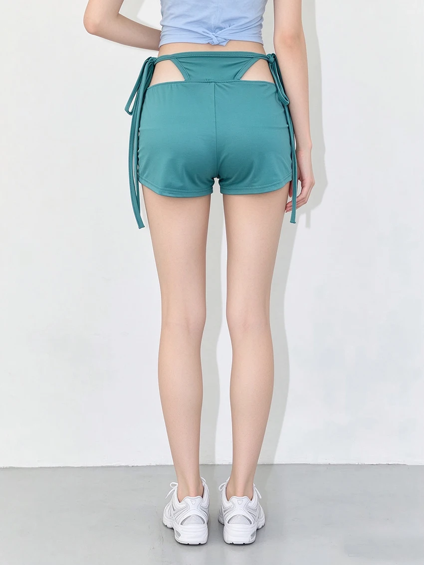 Women Teal Side Tie Cutout Shorts Back Hollow Design Slim Mini Short Pants Y2K Aesthetics Street Fashion Club Party Wear Bottoms
