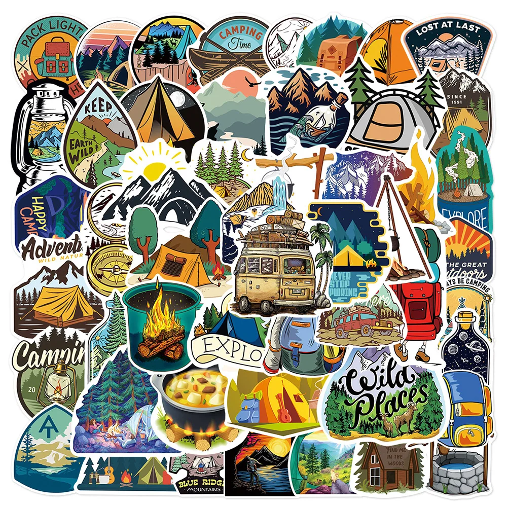 10/30/50pcs Forest Hiking Camping Stickers Outdoor Travel Scenery Decal Waterproof DIY Water Bottle Phone Laptop Vinyl Sticker