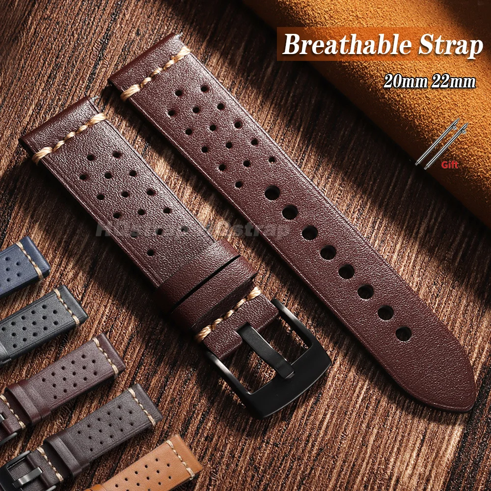 Business Leather Watch Strap 20mm 22mm Universal Bracelet Breathable Porous Quick Release for Men Women Smartwatch Wrist Band