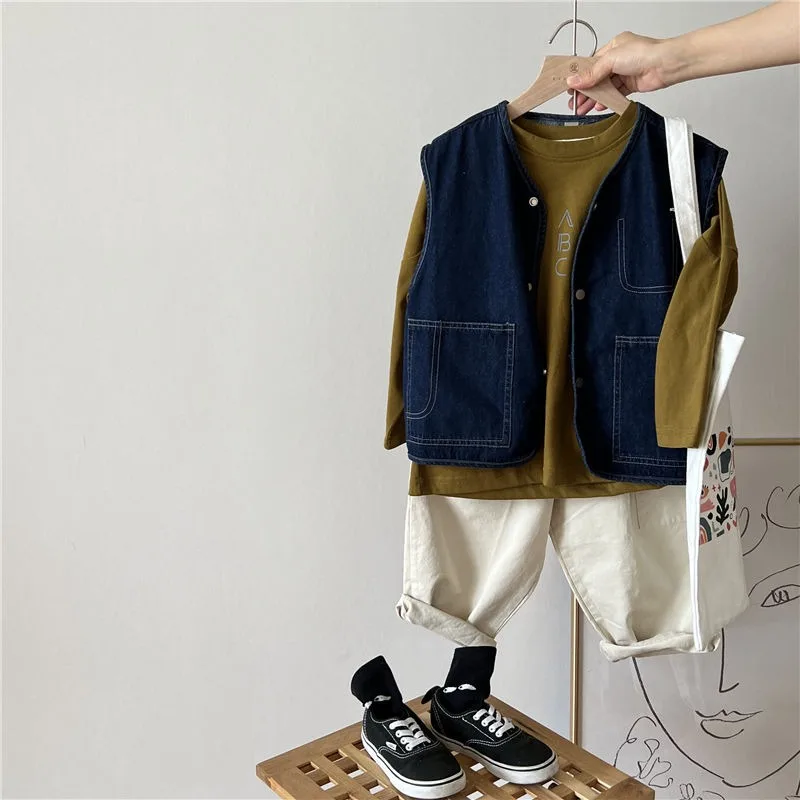 2025 Spring Autumn Retro Deep Blue Kids Denim Vest Stylish Unisex Kids' Denim Jacket Mix and Match Apparel