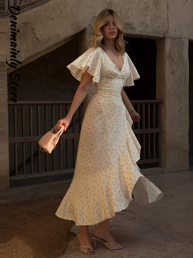 Modisches Damen-Meerjungfrauenkleid mit Rüschen und Blumenmuster, asymmetrischen ausgestellten Ärmeln und Schlitz, Partykleid, Sommer 2026, Urlaubskleid