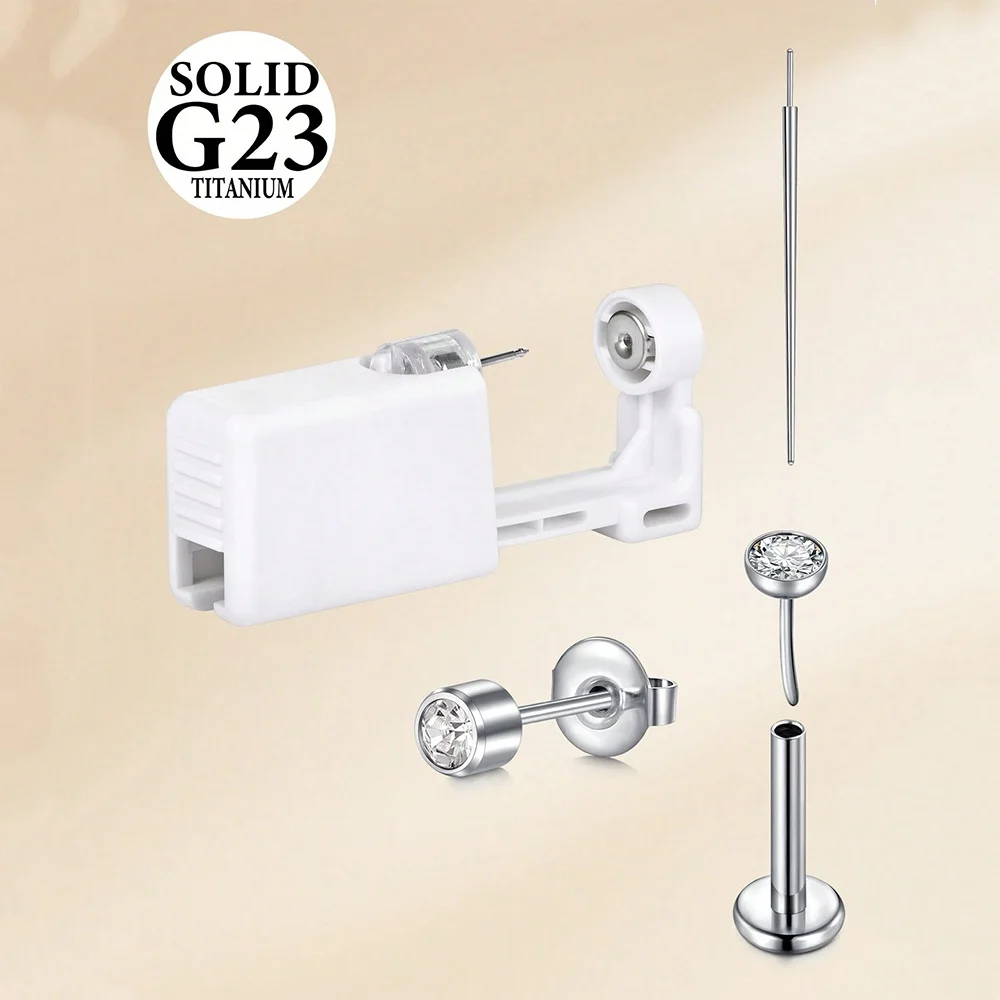 1Set G23 Titanium Ear Piercing Kit Cubic Zirconia Lip Rings Studs, 1Pack Disposable Ear Piercing Guns With Earring Studs