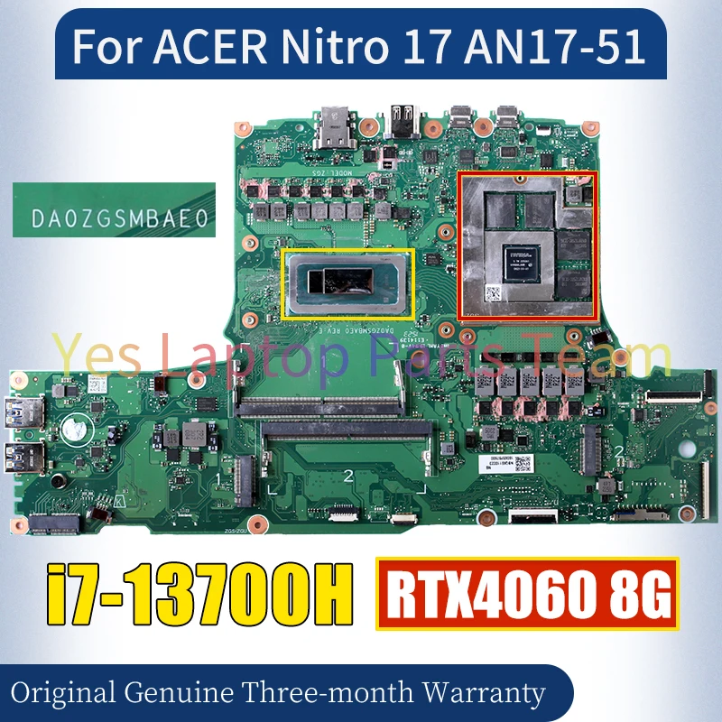 DA0ZGSMBAE0 For ACER Nitro 17 AN17-51 Laptop Mainboard NBQK611002 SRMJ1 i7-13700H RTX4060 8G GN21-X4-A1 Notebook Motherboard