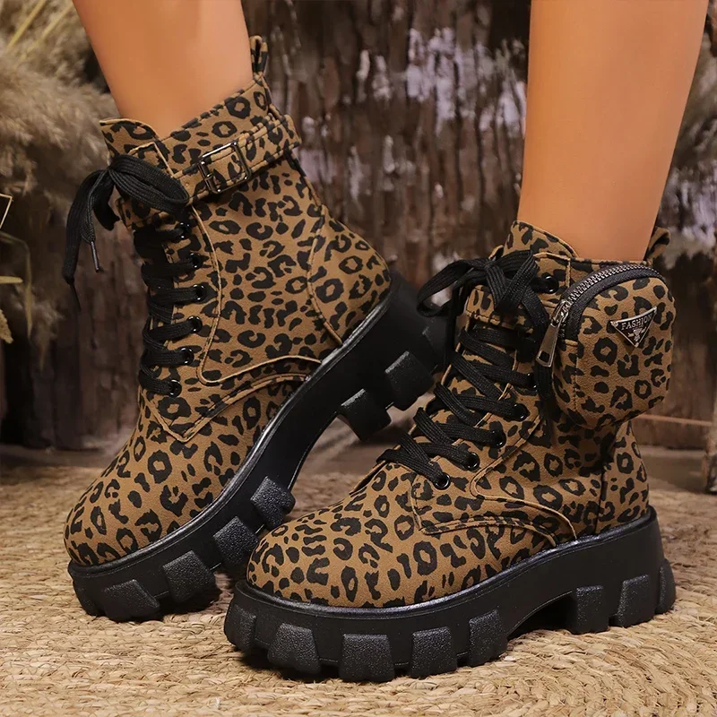 Leopard Print Chunky Heels Schuhe Frauen Plattform Stiefeletten Casual Sneaker Winter 2025, Trend Designer Lace Up Schnee Botas Mujer