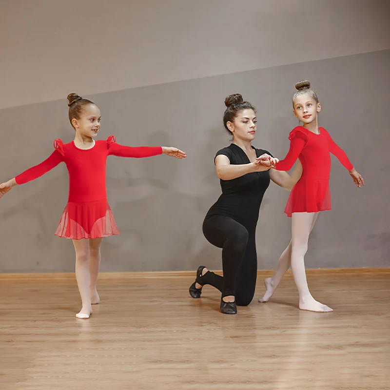 女の子用バレエレオタード、幼児用フリル袖ハイローファインメッシュスカート、キッズ用長袖ダンスドレス