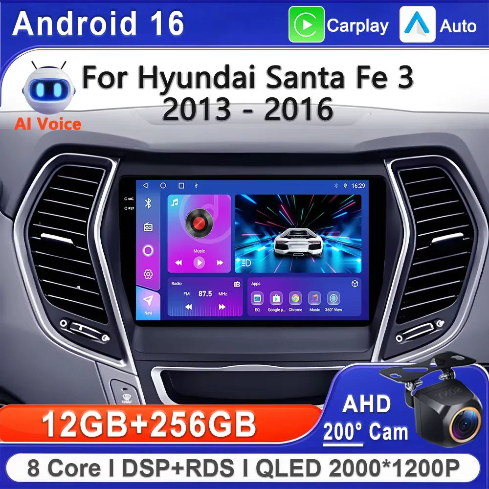 

Android 16 2K Incell Screen Мультимедиа для Hyundai Santa Fe 3 2013-2016 Стерео головное устройство GPS-навигация Высокопроизводительный процессор