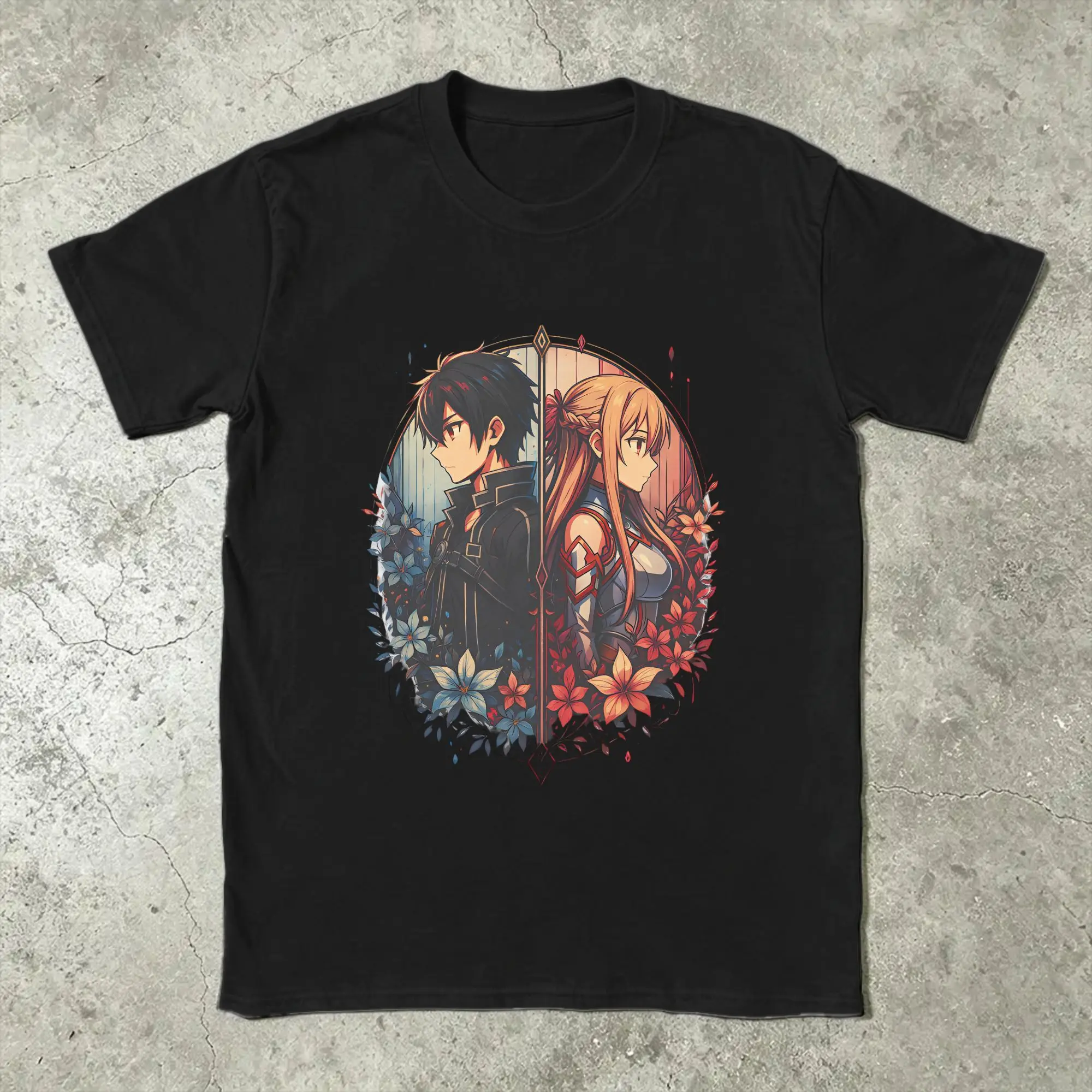 Novelty Anime kirito and asuna T-Shirt for Men Round Collar Pure Cotton T Shirts  Short Sleeve Tees Printed Clothing