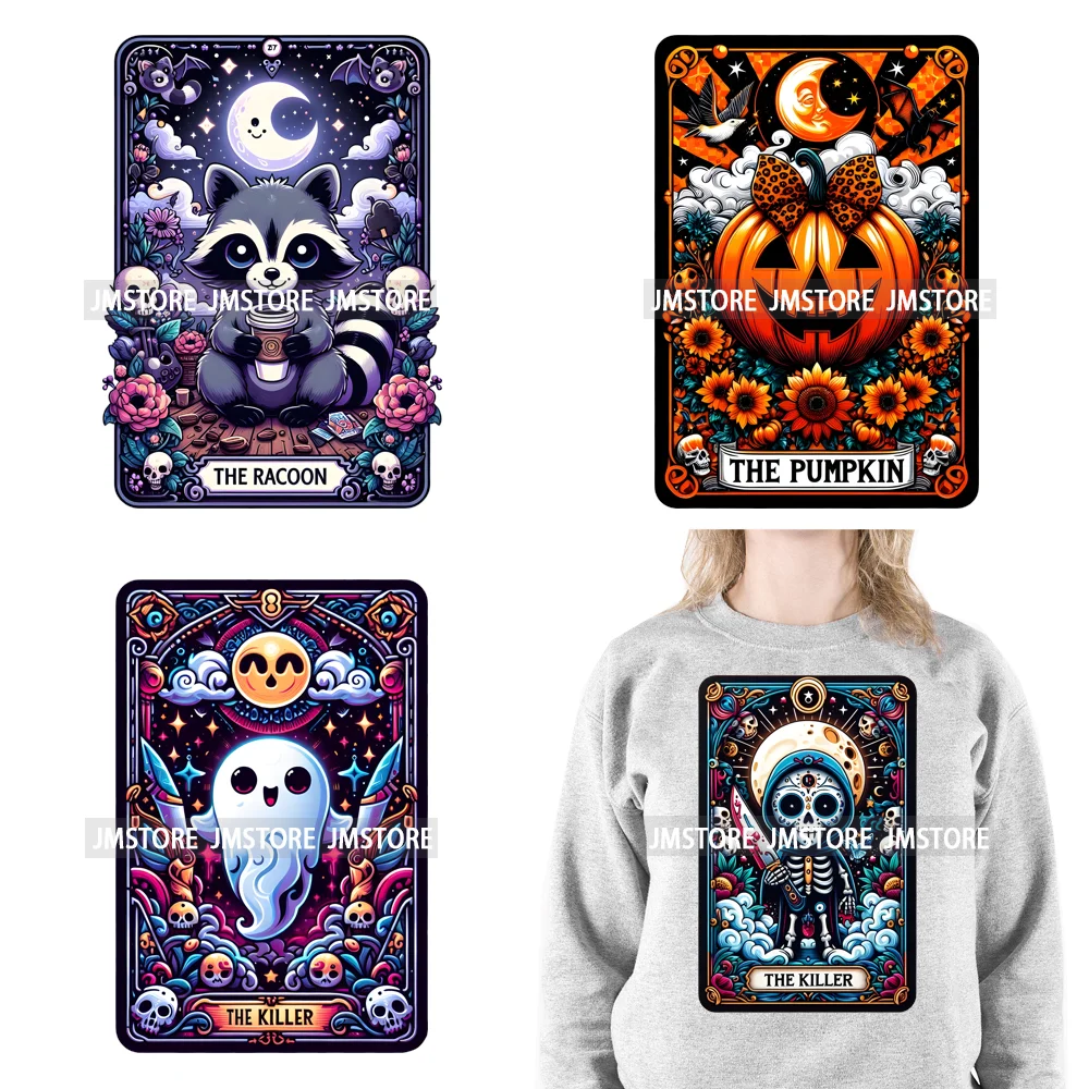 

Spooky Halloween Tarot Card Pumpkin Skeleton Ghost Flower Iron On DTF Transfers Stickers Ready To Press For Sweatshirt Bags