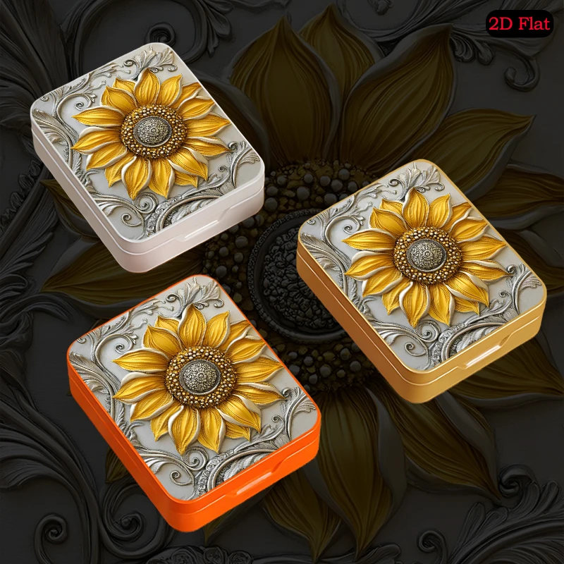 Golden Sunflower Relief Theme Miniature Flip Top Square Metal Tin Box, UV Printed Portable Custom Tin Box, Desktop Organizer