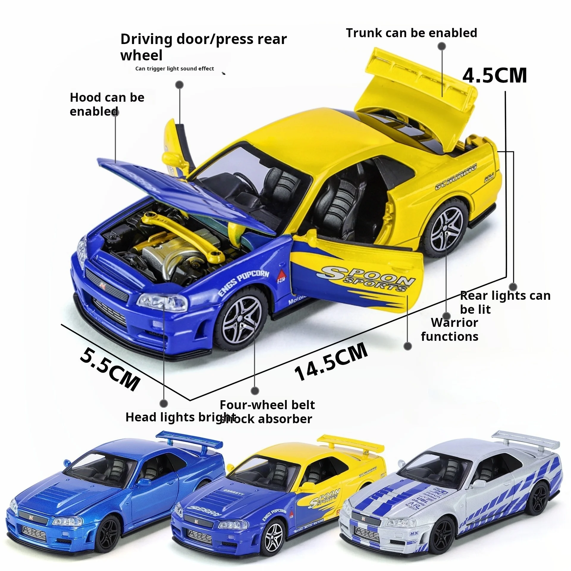 Modelo de coche de juguete Nissan GTR34 Skyline GTR, miniatura de carreras fundida a presión, sonido y luz, Colección extraíble, regalo para niños, 1/32