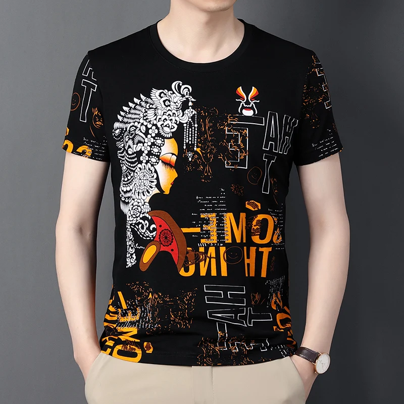 Summer T-shirt Men's Dark Pattern Chinese Style Genuine Half Sleeve Printed Beijing Opera Face Pattern T-shirt Cotton