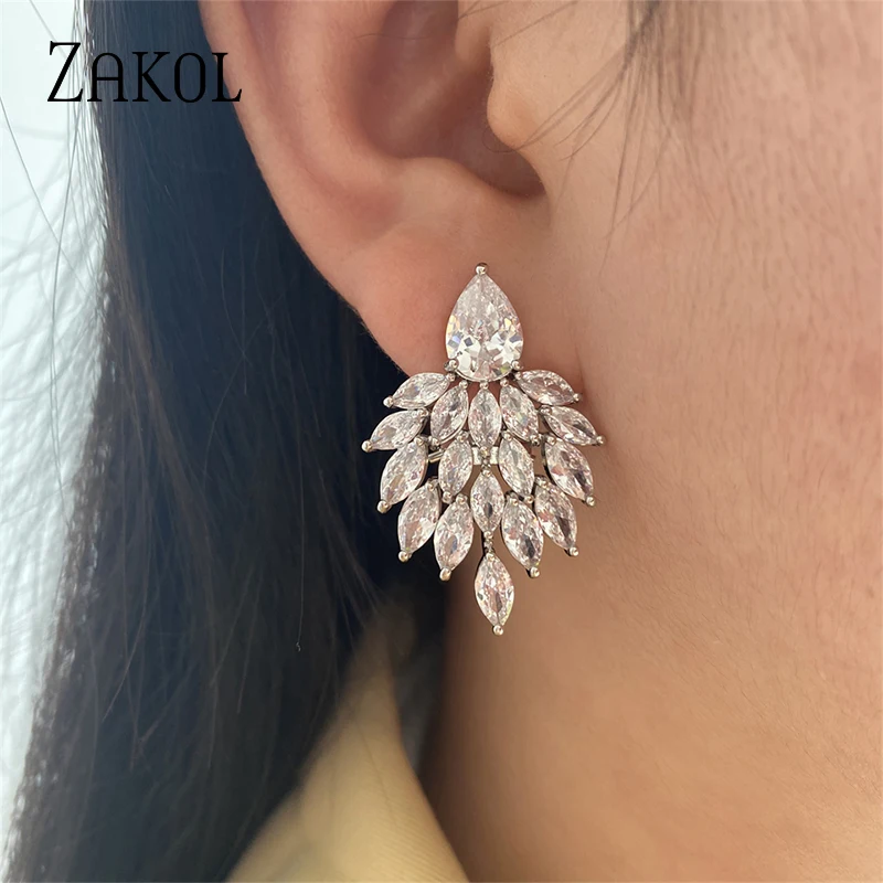 ZAKOL Fashion Water Drop Cubic Zirconia Leaf Stud Earrings for Women Wedding Party Bridal Jewelry EP4084