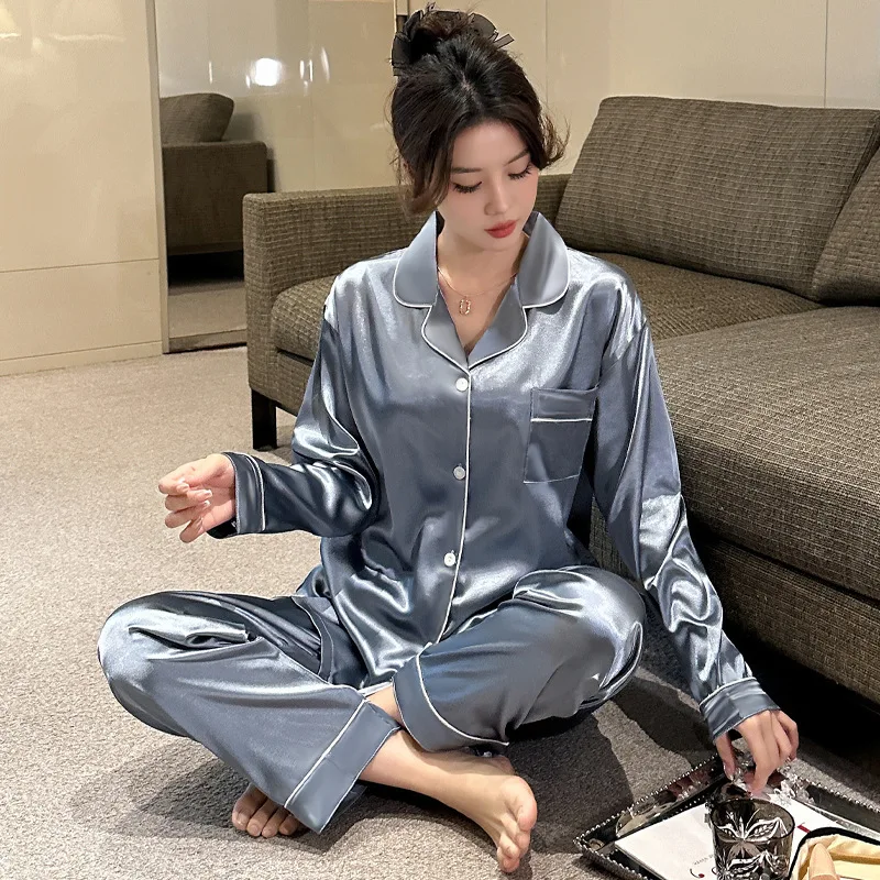 New Ladies Two-Piece Pajamas Casual Simulation Silk Homewear Spring And Autumn Summer Homewear Ice Silk Cardigan Set Pajamas