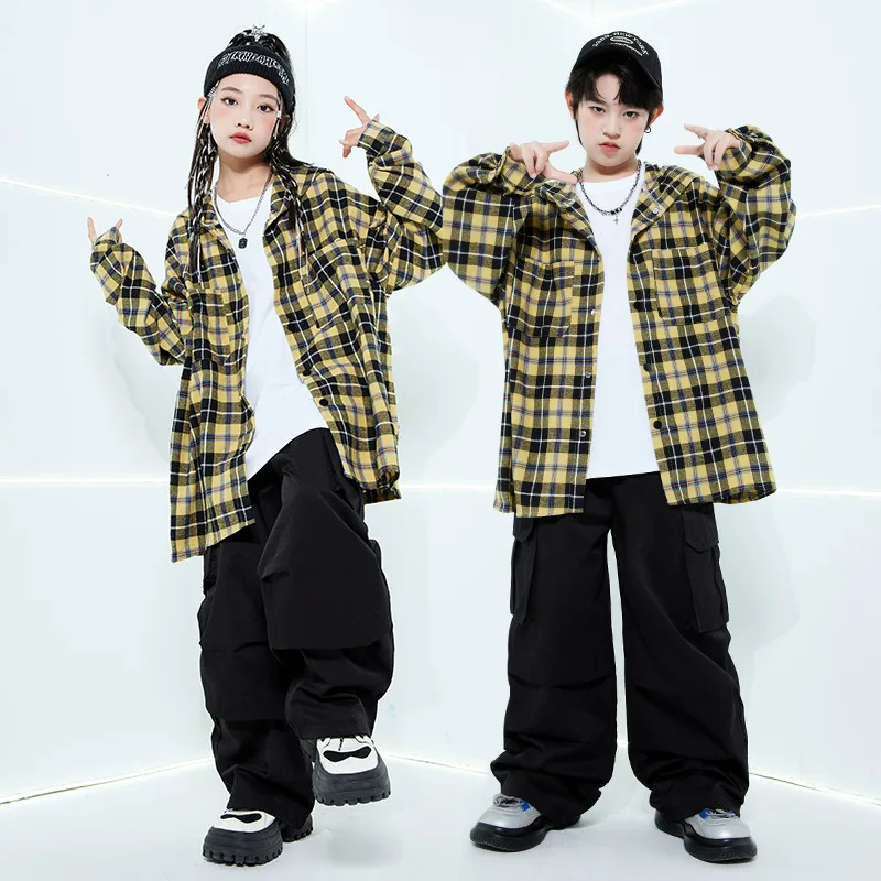 Neue Jazz Dance Kleidung Mädchen Hip Hop Kostüm Lose Kariertes Hemd Schwarze Hosen Jungen Breaking Street Dance Outfit Lange Ärmel Anzug