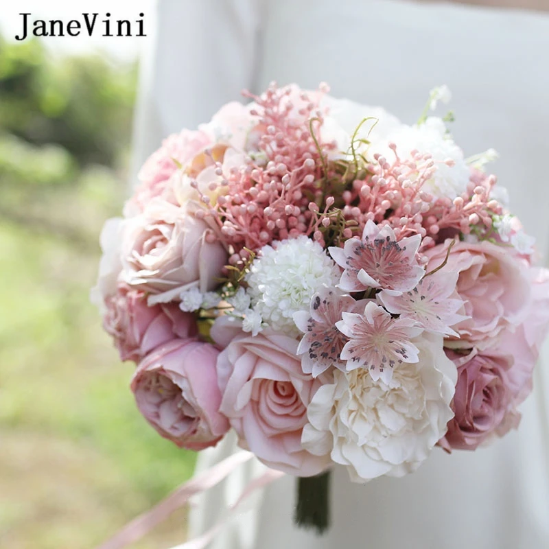 JaneVini-ramos de flores rosas polvoriento, cinta con asa, ramo de rosas artificiales de seda, accesorios de boda para novia