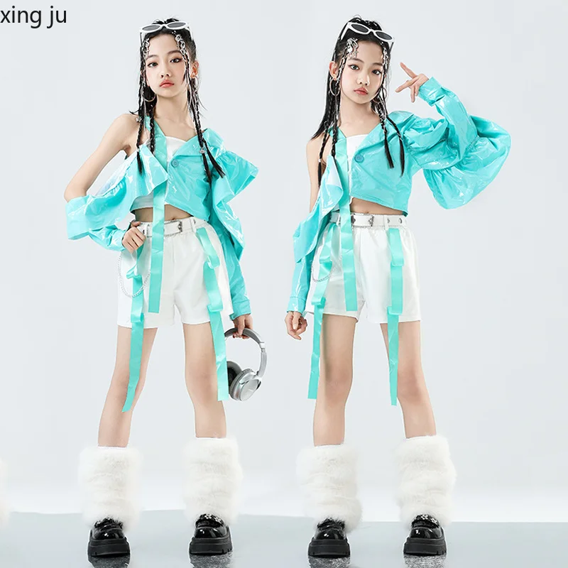 Xing Ju Jazz Dance Fashion Clothes Green Tops White Shorts Kpop Stage Outfits Runways Show Performance Costume Steetwear