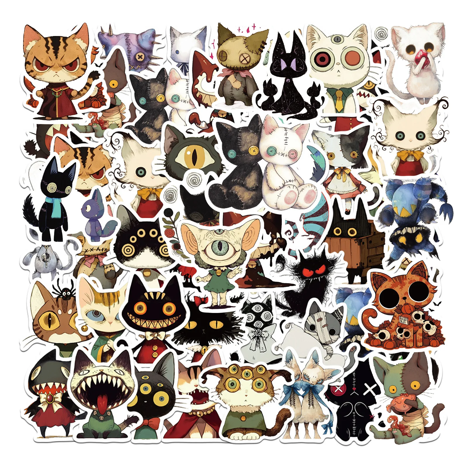 

50 шт. мультяшных готических стикеров с изображением причудливых кошек, водонепроницаемые, для декора и оформления блокнотов своими руками.