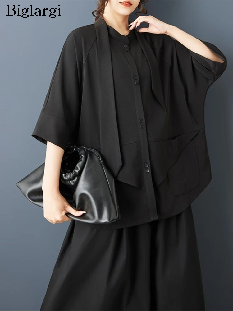 

Women's Black Oversized Blouse Shirt Elegant Loose Shirts Ladies Top For Summer New Fashion Short Sleeve Woman Shirt Blouses