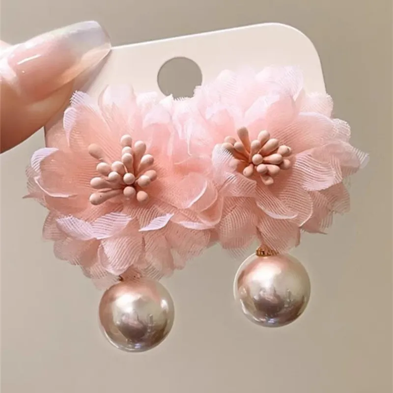 Korean Fashion Fabric Pink Flower Pendant Earrings For Women Romantic Sweet Flower Pearl Stud Earrings Wedding Party Jewelry