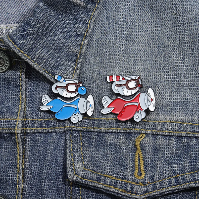 Fantasy Game Character Brooch Cute Cuphead By Plane Travelling Badge Enamel Lapel Pin Backpack Collar Accessory Jewelry Cosplay