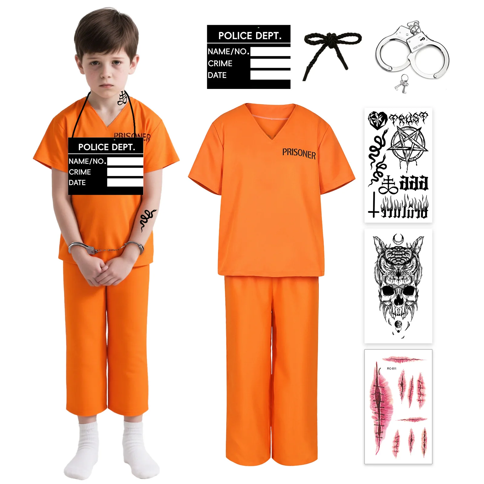 

Kids Prisoner Cosplay Costume Orange Prison Inmate Outfit Halloween Jail Criminal Jumpsuit Pant Set for Boys Girls