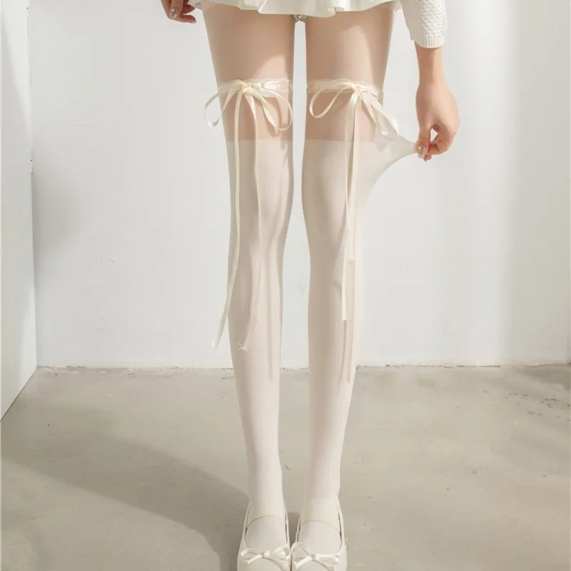 

Sweet Bow Tie White Thigh High Socks Lolita Fishnet Stockings with Crisscross Lacing JK Pantyhose Versatile Black White Tights