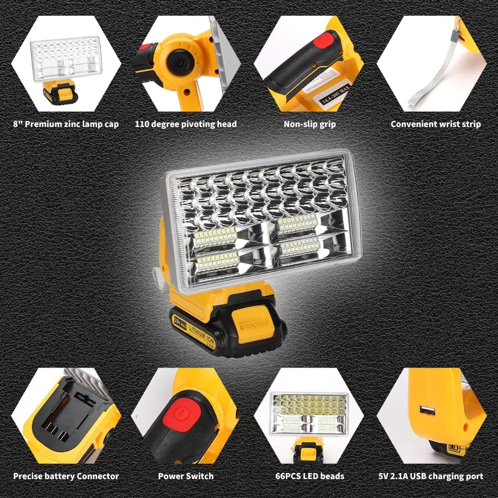 Imagem -04 - Luz de Trabalho Led de Longo Alcance Holofotes Multifuncionais Tocha Porta Usb Compatível com Dewalt Bateria de Lítio 18v Luz de Acampamento