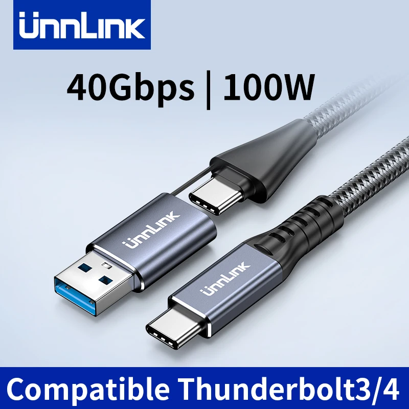 Unnlink 2 em 1 cabo de dados USB tipo C 40Gbps 20Gbps PD 100W compatível com carregamento Thunderbolt 3/4