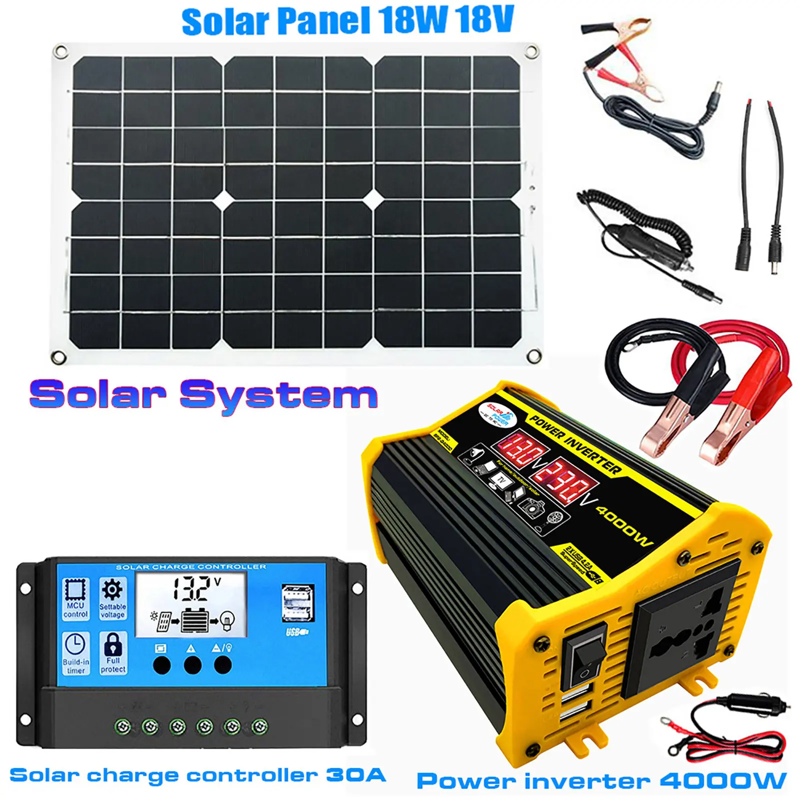 

Solar Power System Portable Solar Panel Kit 4000W Power Inverter With 2 USB Ports 30A Solar Charge Controller LED Screen Display