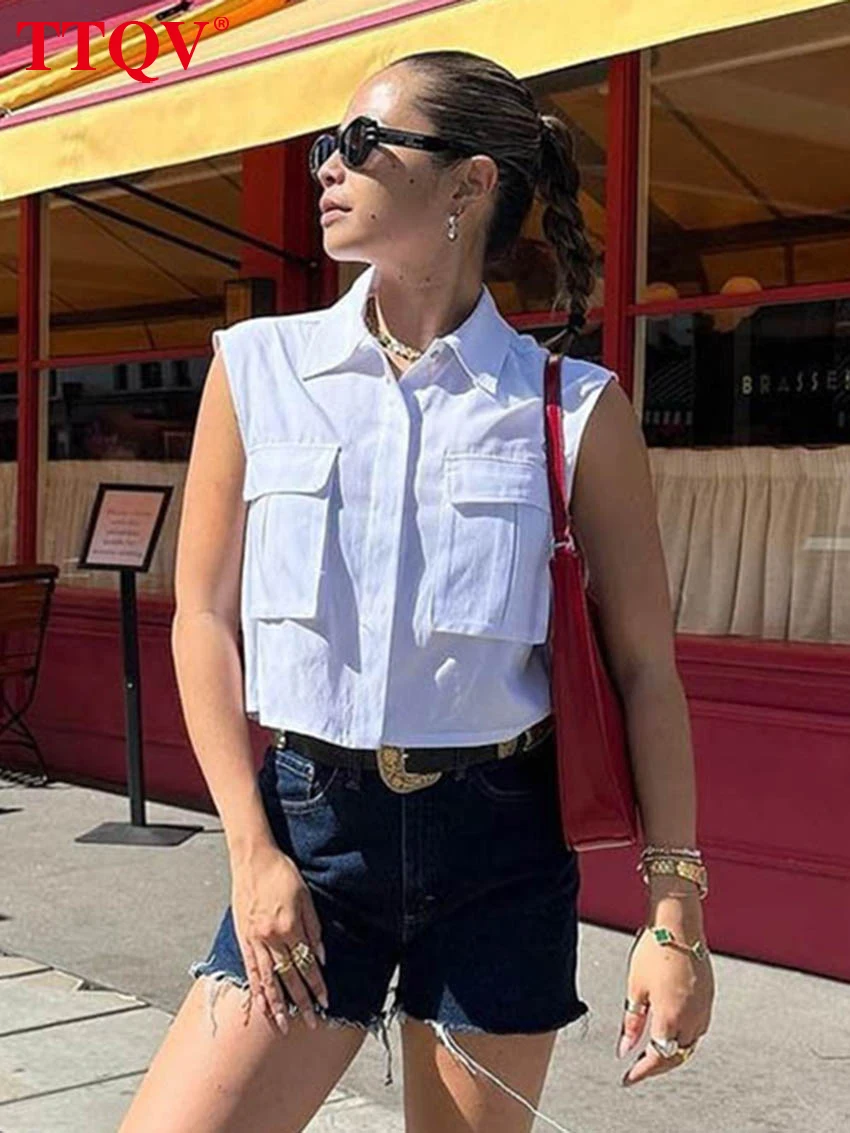 

TTQV Summer Loose White Cotton Women's Shirt 2026 Fashion Lapel Sleeveless Blouse Lady Elegant Classic Pockets Solid Top Female