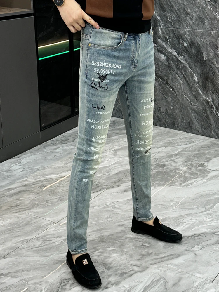 

Fashionable Slim Fit Men's Jeans Spring Summer Style Luxury Printed Straight Leg Casual Wear Resistant Wear for Young Men