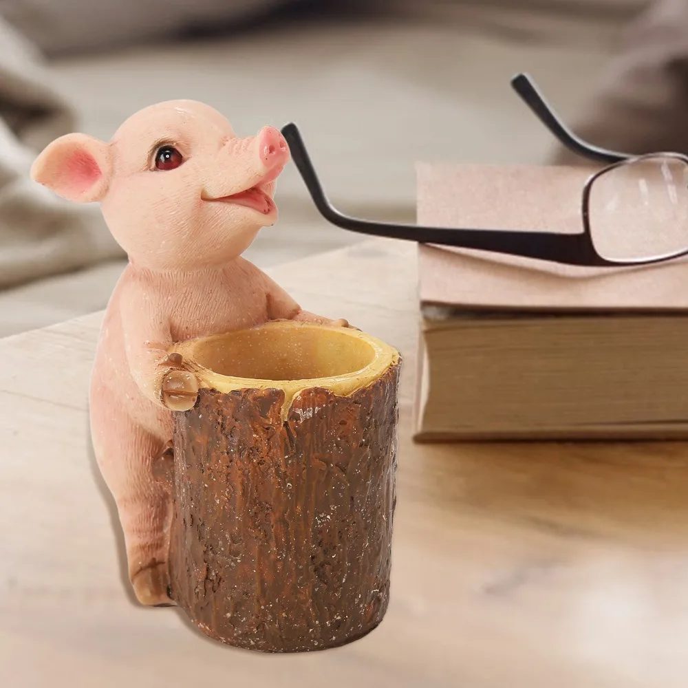 Resin Pig Figurine Statue Compact Sturdy Piggy Bank Decor Cartoon Pen Holder Resin Pig Ornament Office Desk Display