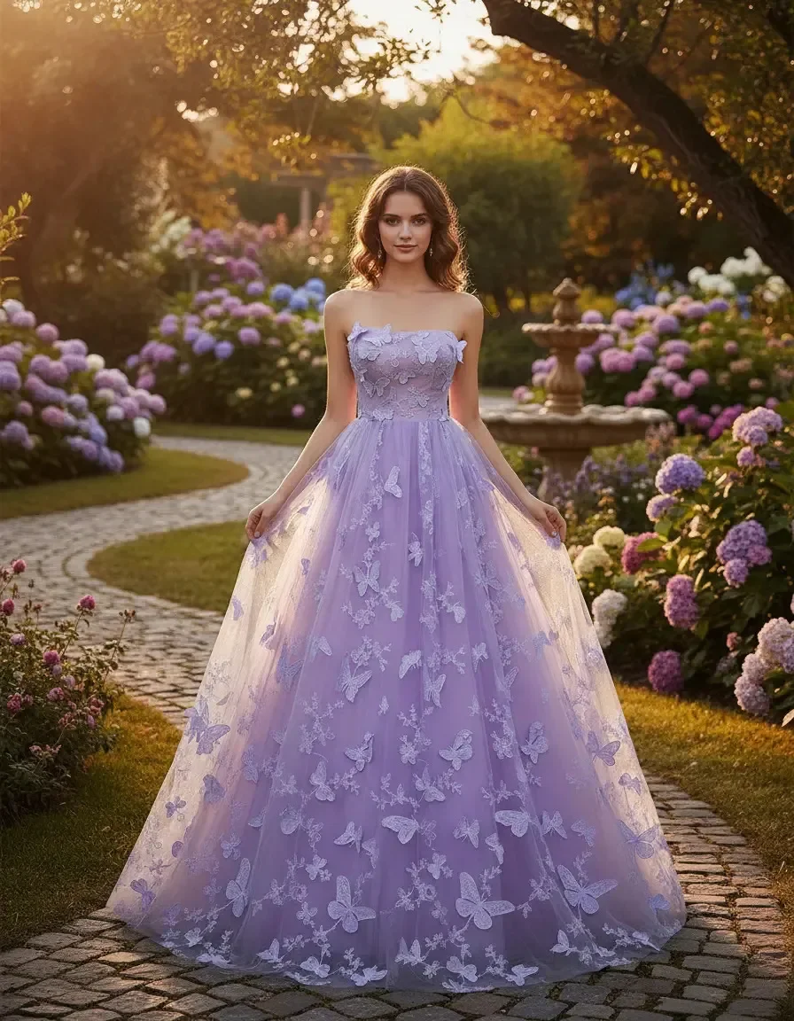 Lavender Strapless 3D Butterfly Tulle Ball Gown Formal Evening Dress Women Quinceanera Prom Wedding Party Gala Photoshoot