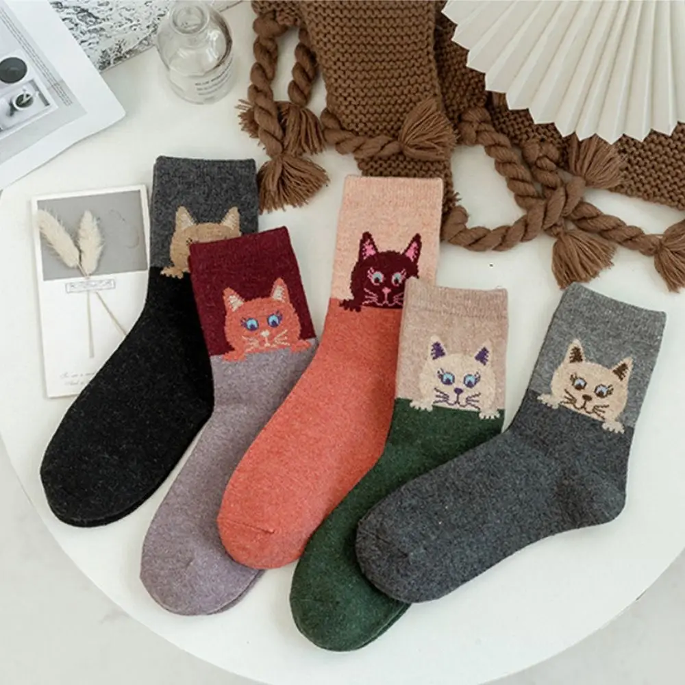 5 Pairs Cotton Cartoon Cat Socks Jacquard Elastic Cuff Cotton Crew Socks Skin-Friendly Sweat Wicking Animal Pattern Socks