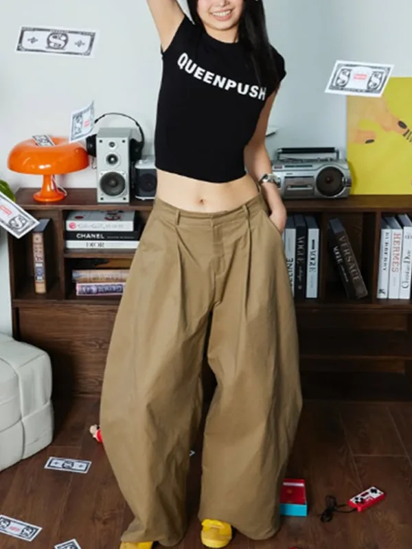 Khaki Plissierte Weite Ballonhose Unisex Vintage Baggy Hose Lässige Streetwear Relaxed Fit Hose – Detail 4