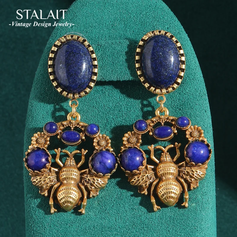 

Vintage Jewelry Lapis Lazuli Moth Drop Earring Bees Gold Color Luxury Designer Blue Natural Stone Antique Wedding Bridal 2025