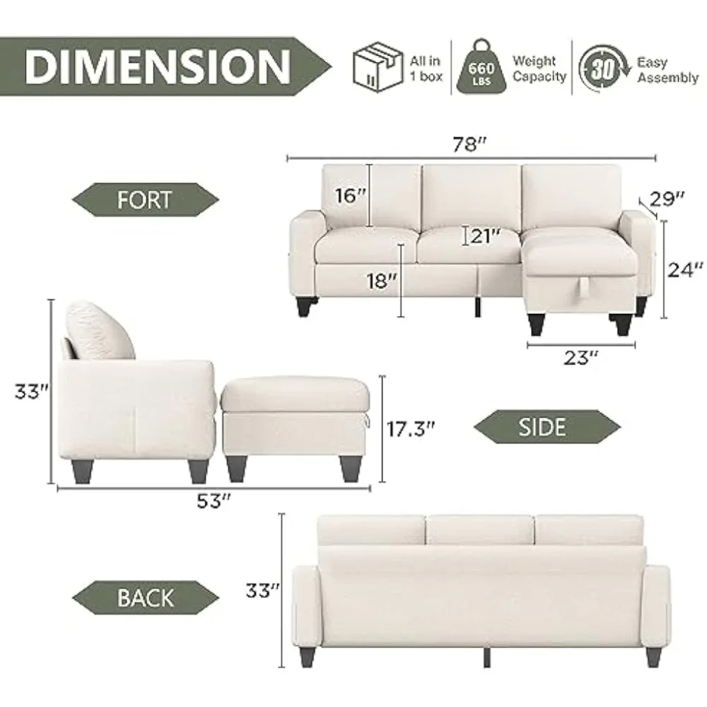 أريكة مقطعية قابلة للتحويل على شكل حرف L، أرائك بيج لغرفة المعيشة مع كرسي قابل للعكس، كتان حديث بثلاثة مقاعد C