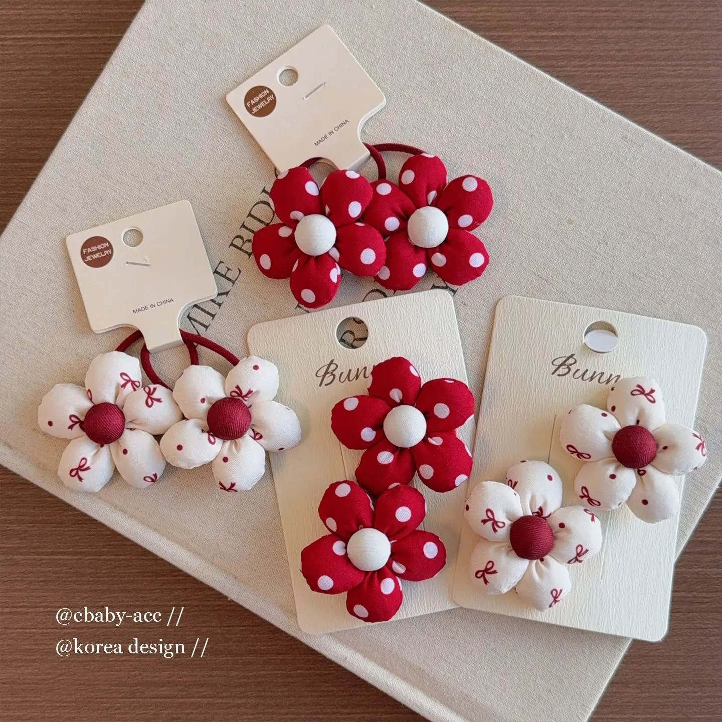 Hair Tie Hair Clip Girls Red Fabric Bow Flower Double Ponytail Holder Baby Full Fabric Wrapped Gentle on Hair Soft Non Slip