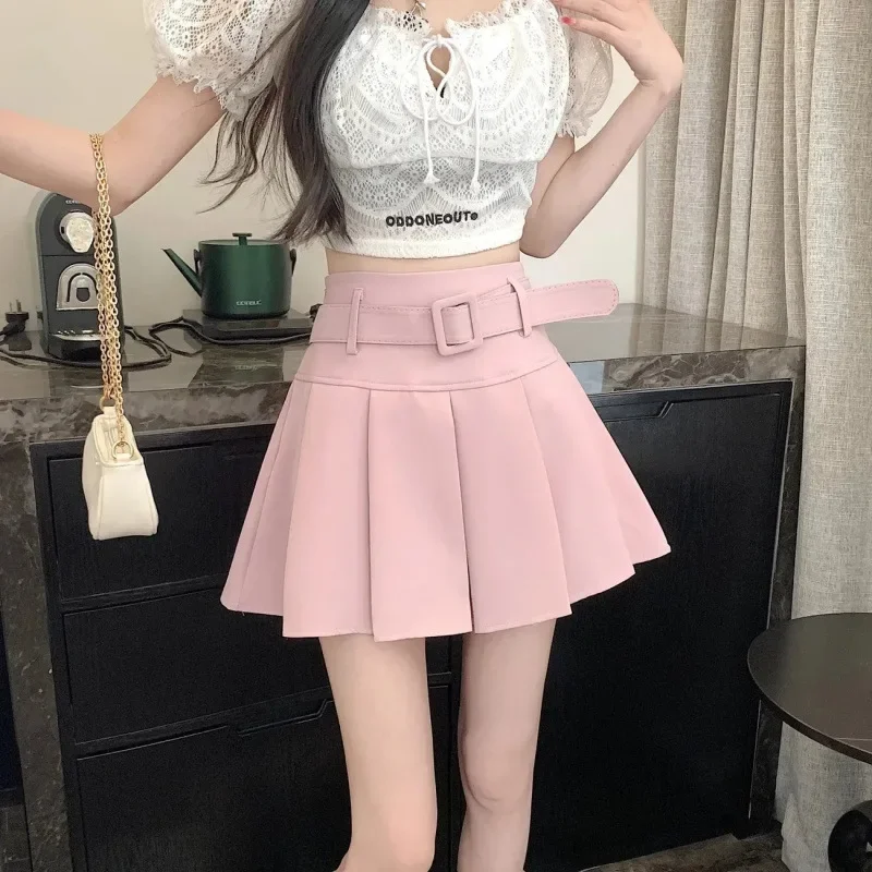 

Pink skirt 2024 autumn and winter new high waist slim A-line skirt sweet and spicy college pleated skirt hip skirt.