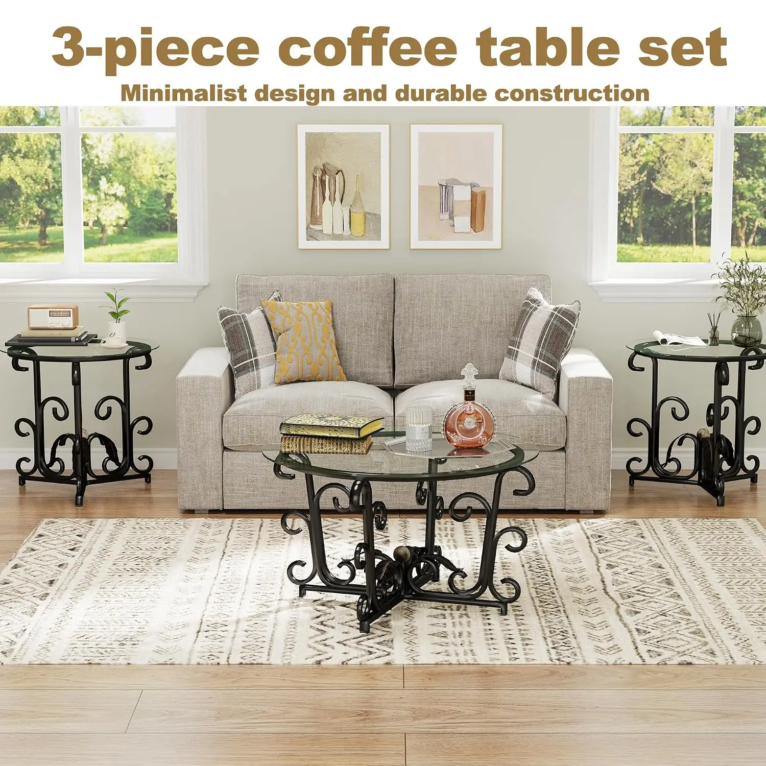 Round Nesting Coffee Table Set 3 Tempered Glass Top Wrought Iron Scroll Frame Living Room Apartment Patio, Customized