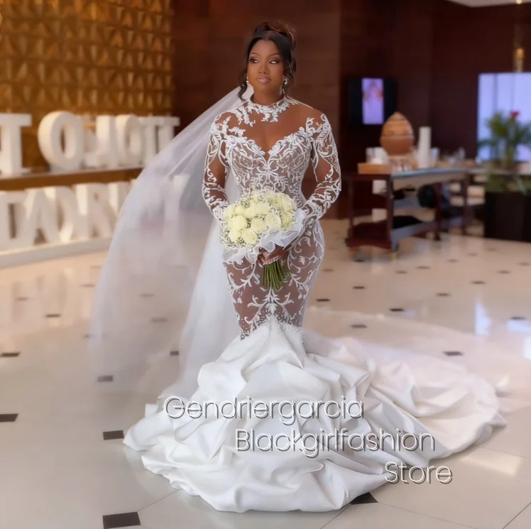 Vestido de casamento rabo de peixe de renda branca personalizado, gola redonda, manga comprida, plissado, diamantes cravejados, áfrica do sul, vestidos de noiva