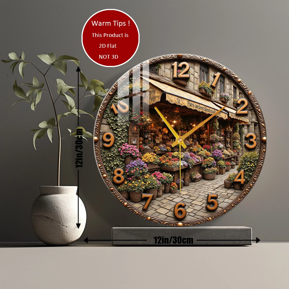 Tempered Glass Wall Clock Parisian Flower Shop Clock Suitable For Wall Decor or Tabletop Display Anywhere