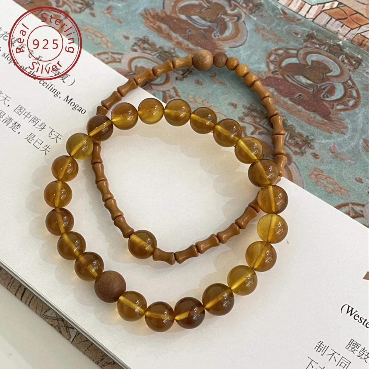 Natural amber beeswax sandalwood olive bamboo joint elastic bracelet cultural, new Chinese style niche design style