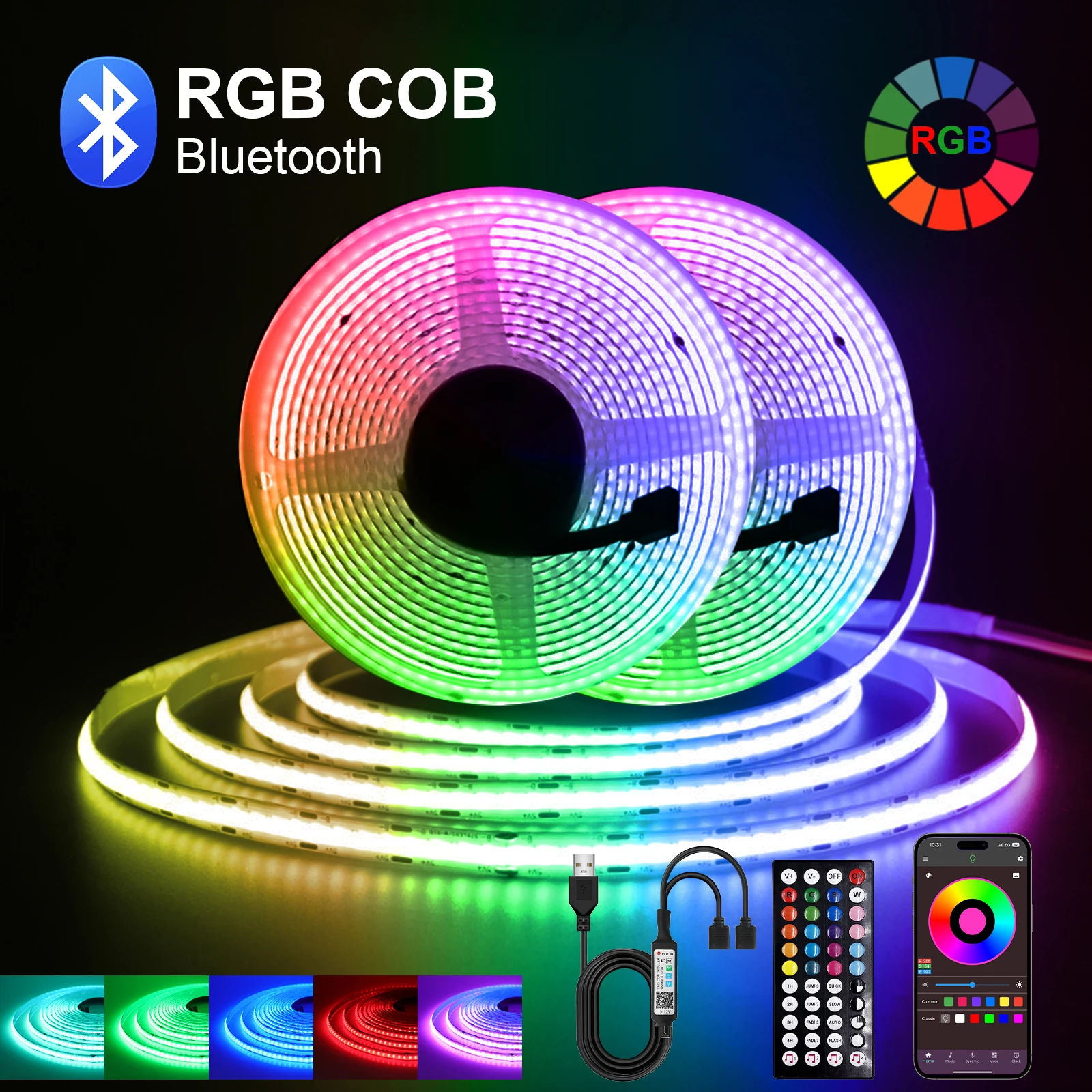 Bande LED COB RGB USB 5V, contrôle par application Bluetooth, 576 LED/M, haute luminosité, sans points, décoration intérieure, ruban LED flexible, corde à diodes